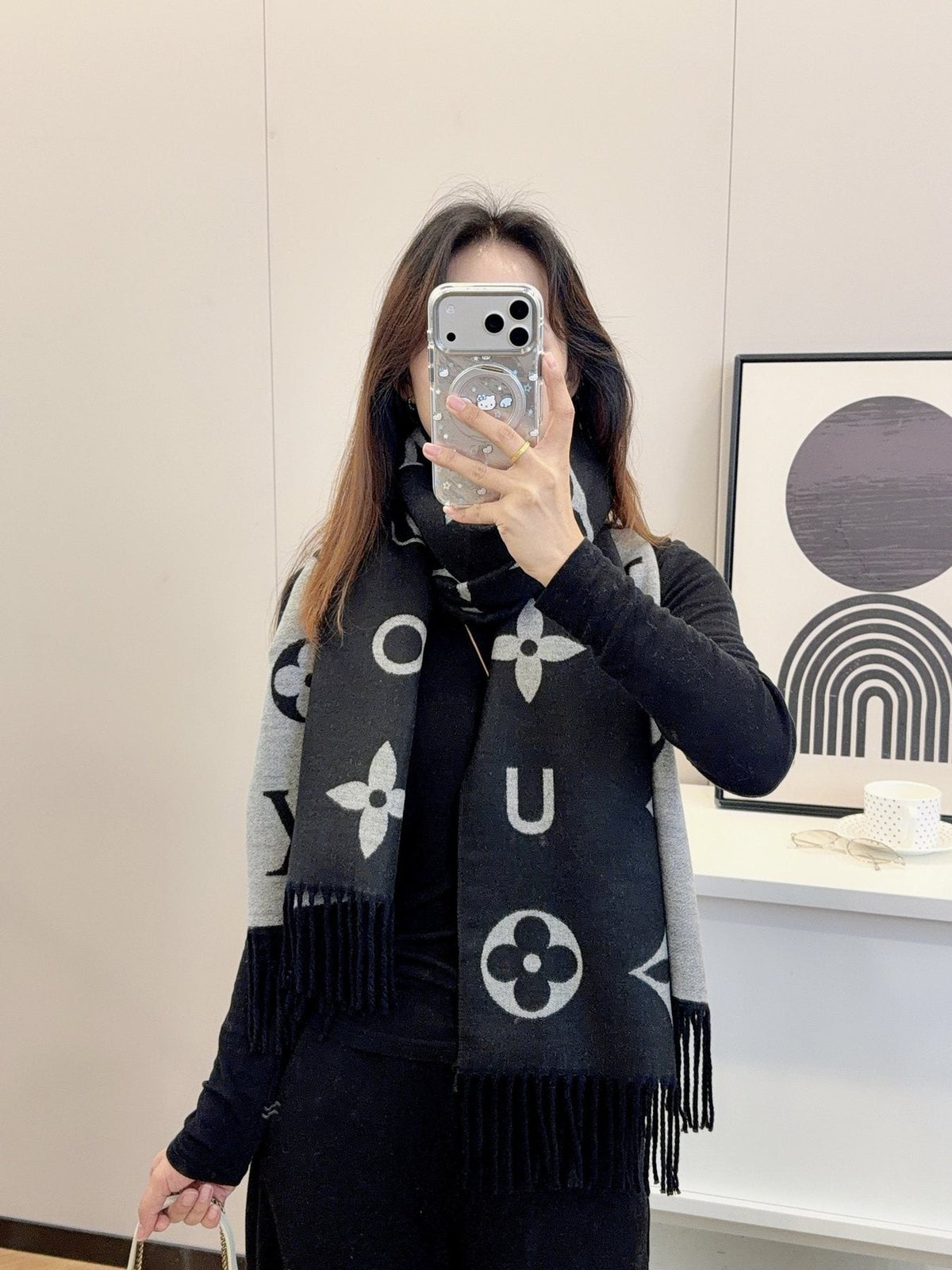 Louis Vuitton Black & Gray Patterned Scarf — model